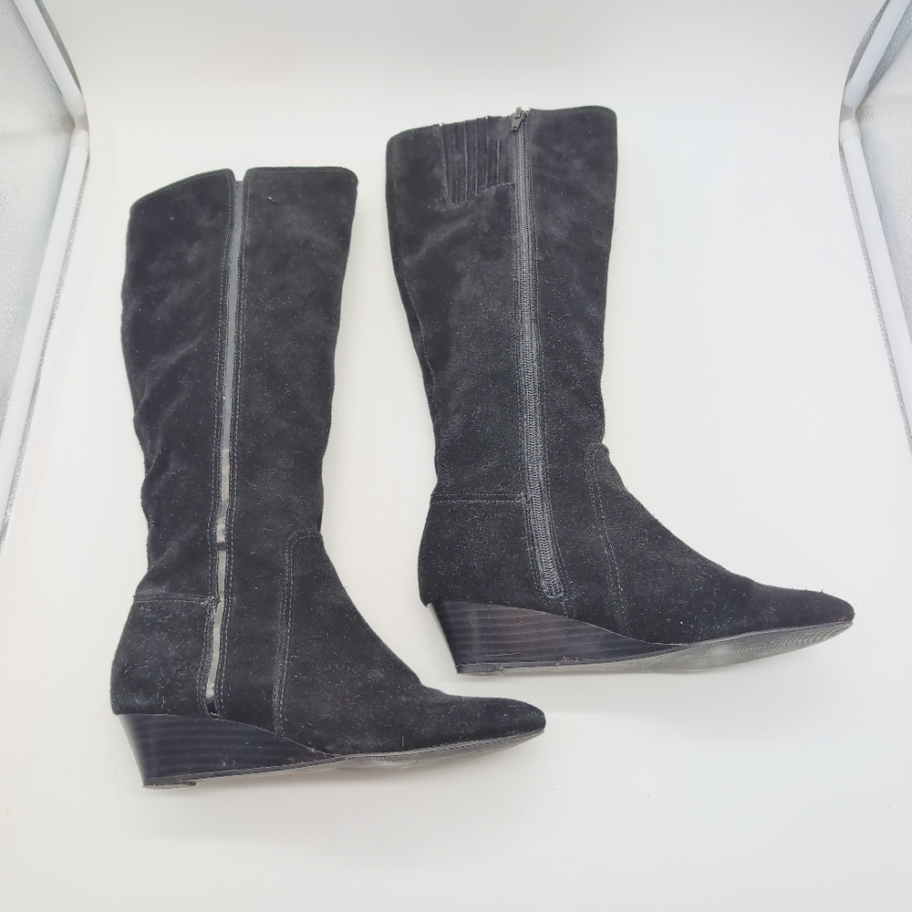 Alfani Swaye Sz 6 Black Suede Knee-High Wedge Boots F0031